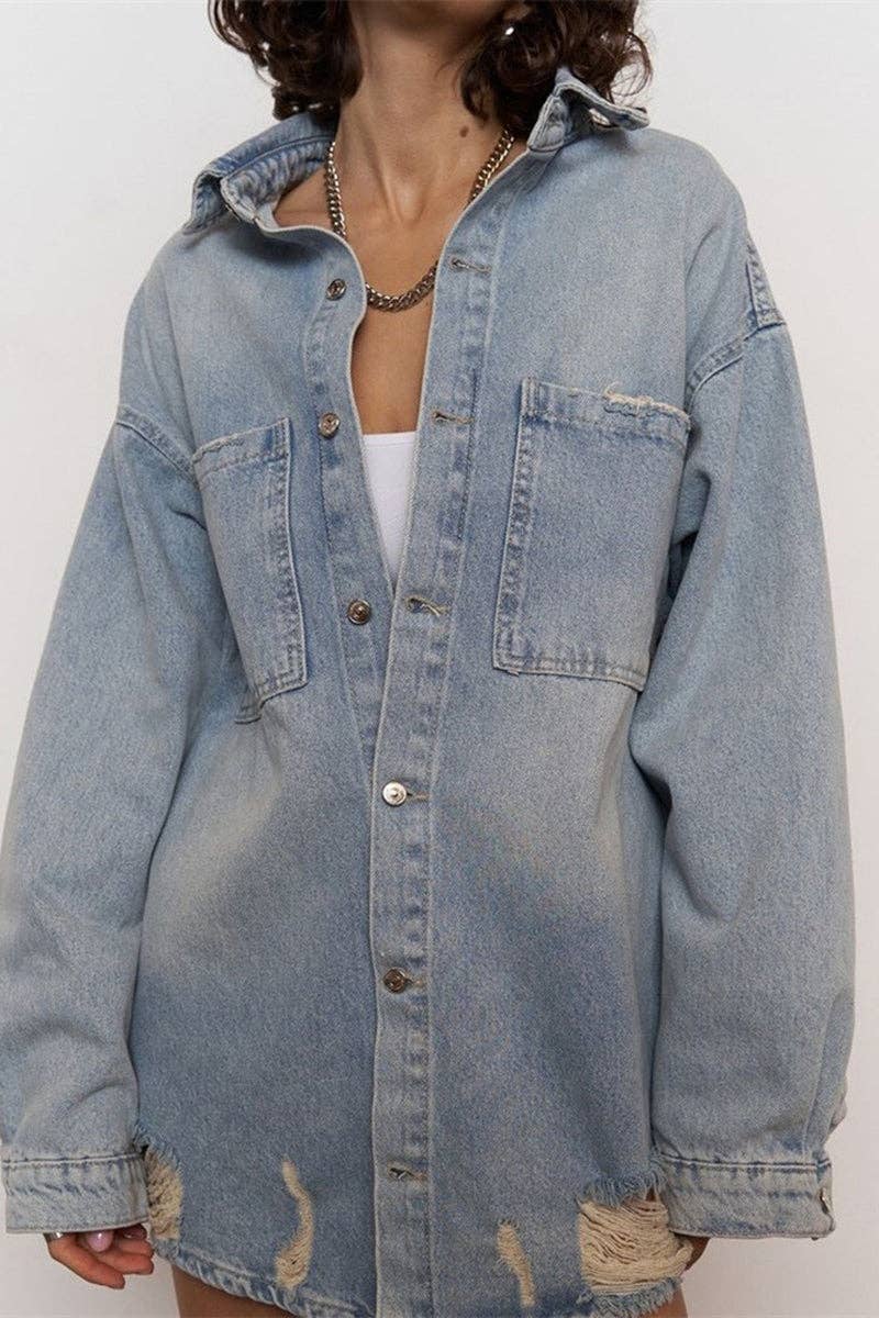 Mccolin - Wholesale Denim Jacket - Women's - Oversized Distressed Denim Jacket4