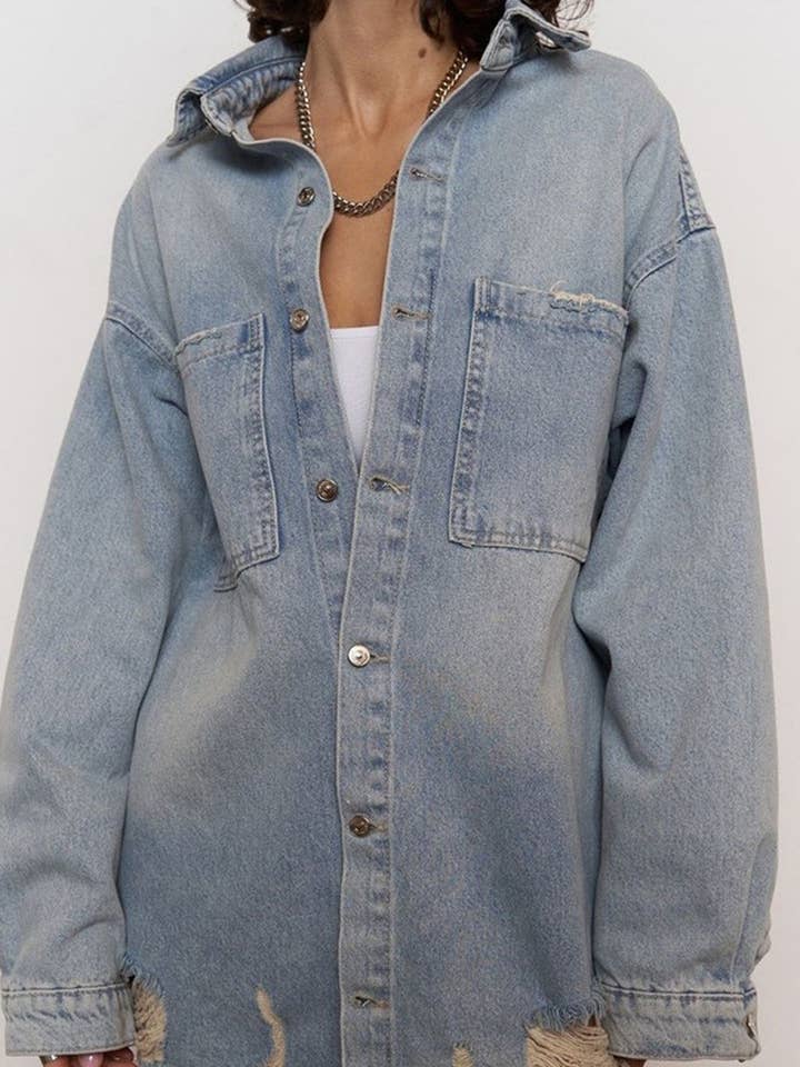 Mccolin - Wholesale Denim Jacket - Women's - Oversized Distressed Denim Jacket4
