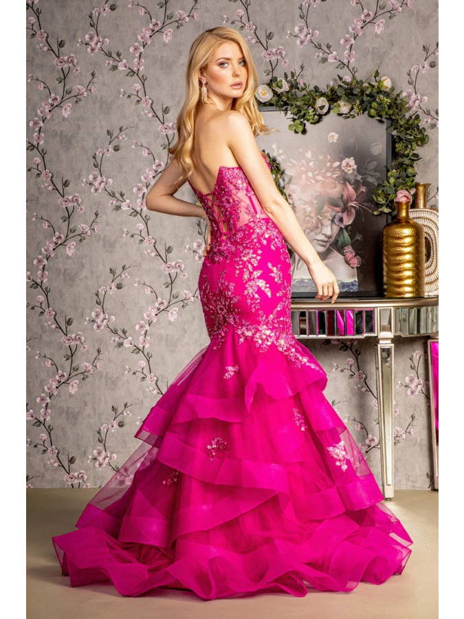 Magenta Sequin Sheer Bodice Ruffled Skirt Mesh Trumpet Long Dress for wholesale on Faire
