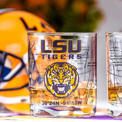 Greenline Goods - Wholesale Cocktail/Liquor Glass - Louisiana State University Whiskey Glass Set (2 Low Ball Gla