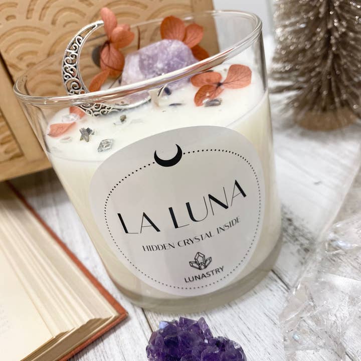 Lunastry – Engroshandel Glaslys – La Luna sojavoks lys med krystal og skjult ædelsten