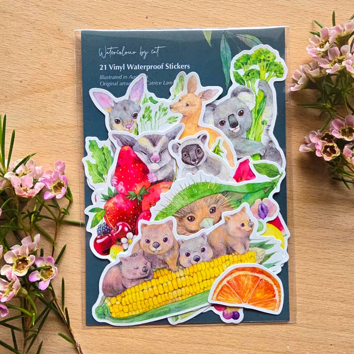Pack d'autocollants en vinyle Animaux et légumes australiens – 21 pièces pour la vente par Watercolour By Cat