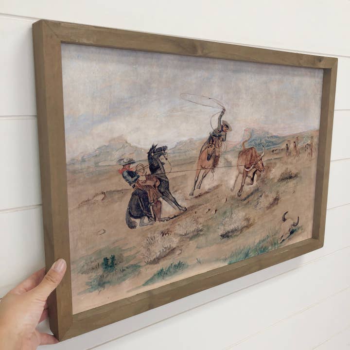Hangout Home - Wholesale Art Print - Cowboys Roping Bulls - Cowboy Canvas Art - Wood Framed Art