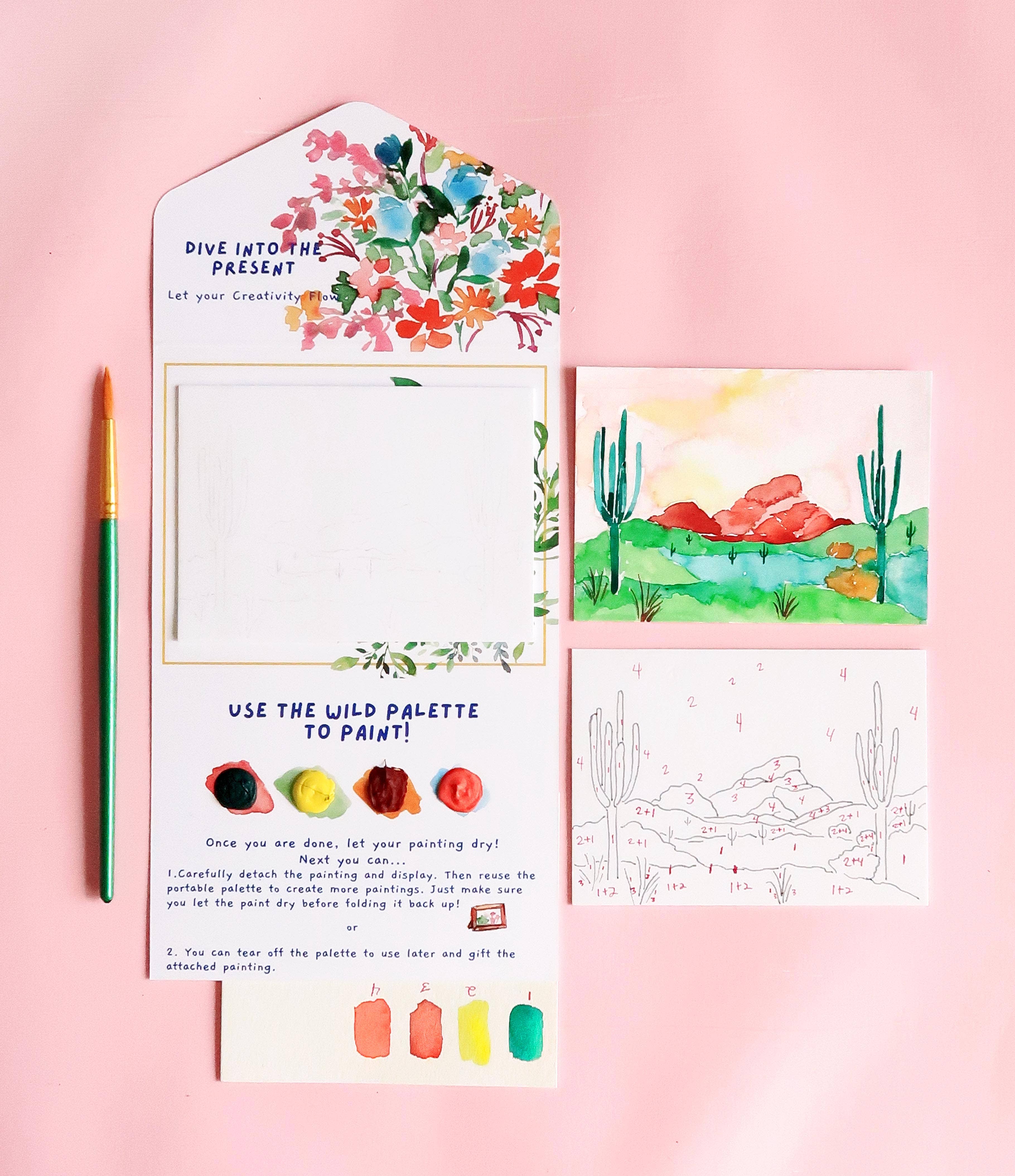 Pink Puddle Studio – Großhandel Bastelset – Kaktus-Wüstenlandschaft Aquarell Malen nach Zahlen DIY-Set1