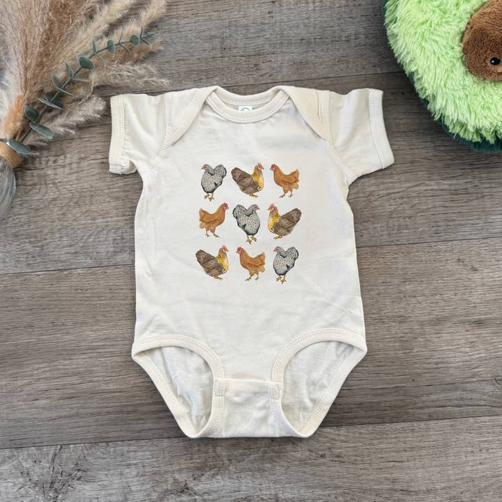 Farmhouse Chickens - Onesie - Oatmeal for wholesale on Faire