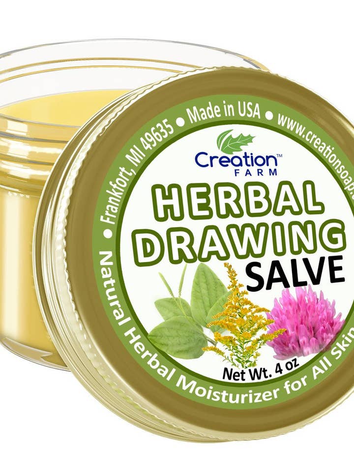 Herbal Drawing Salve By Creation Farm For Slivers And Splinters 4 Oz Glass Jar Pack for wholesale by Creation Farm Inc