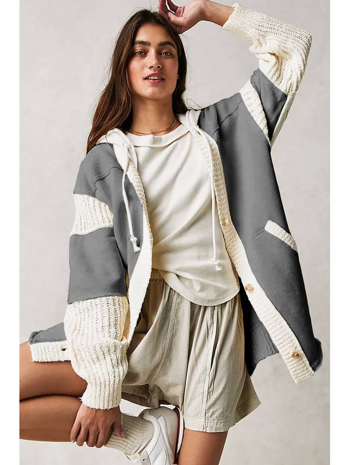 Lovesoft - Wholesale Coat - Women's - Contrast Knit Patchwork Hooded Functional Coat