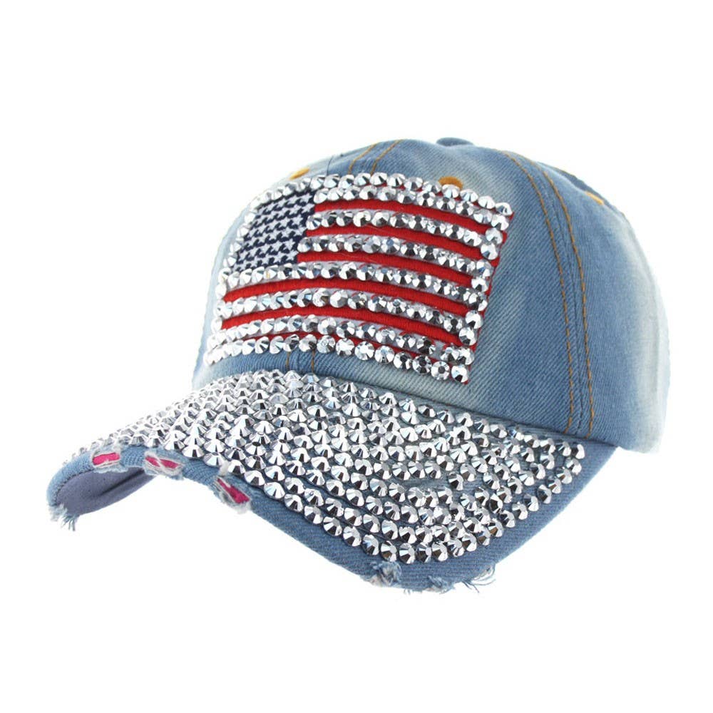 SP Sophia Collection - Wholesale Baseball Cap - Women's - Rhinestone Embellished American Flag Denim Baseball Cap1