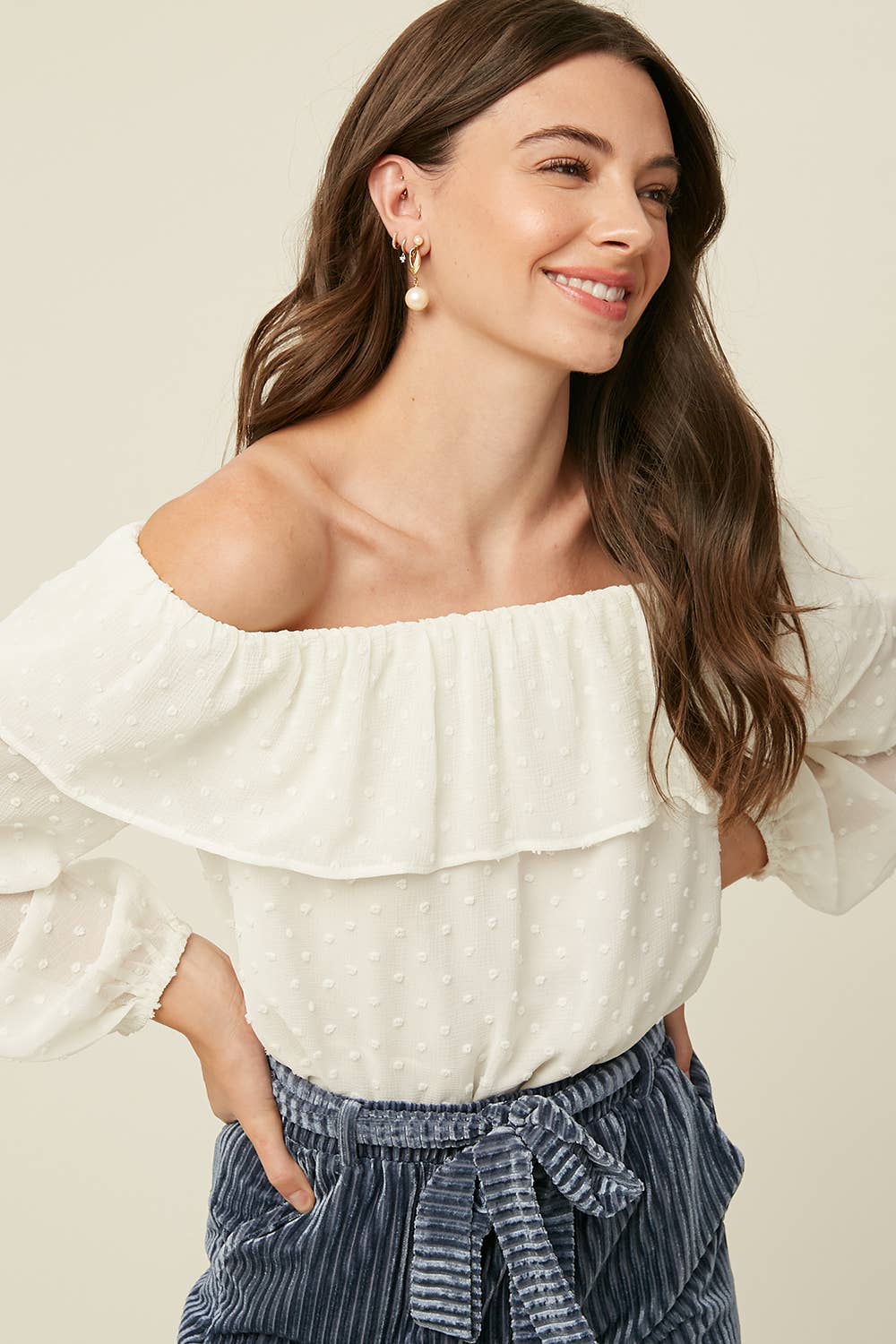 Cream Swiss Dot Off-Shoulder Ruffle Blouse LT0895 for wholesale on Faire0
