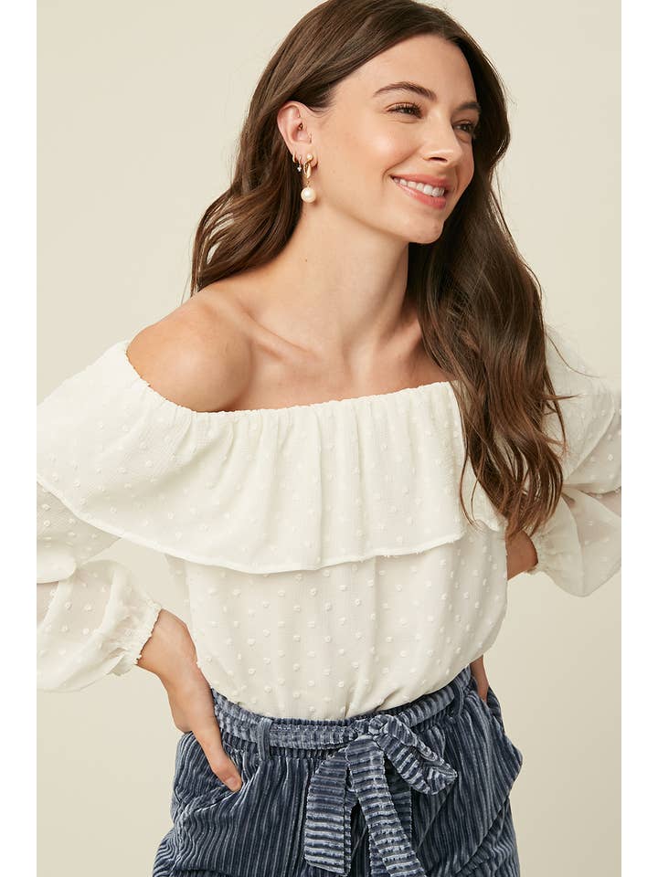 Cream Swiss Dot Off-Shoulder Ruffle Blouse LT0895 for wholesale on Faire