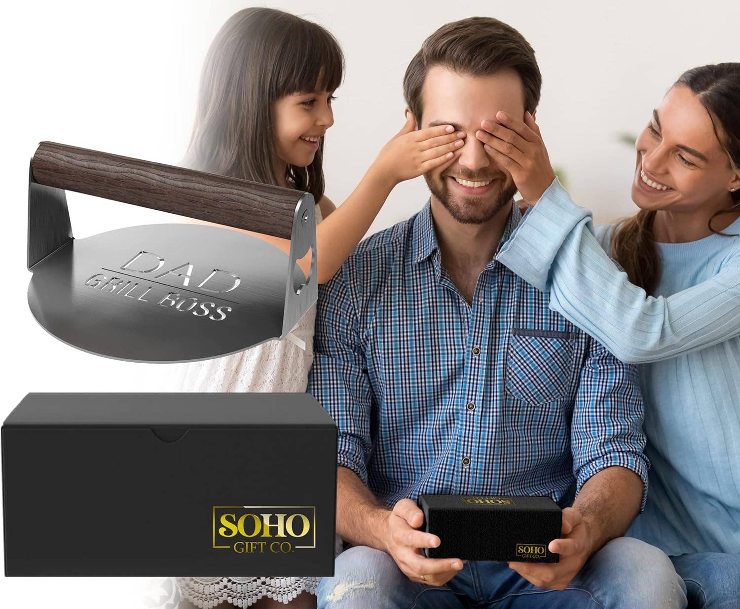 Infinite Basics - Wholesale Outdoor Grill Tools - BBQ Press Grilling Gift for DAD The Grill Boss - Stainless Steel Smash Burger Press for Hamburger/Bacon with Wood Handle & Beer Opener (for Christmas, Birthday, Fathers Day)3