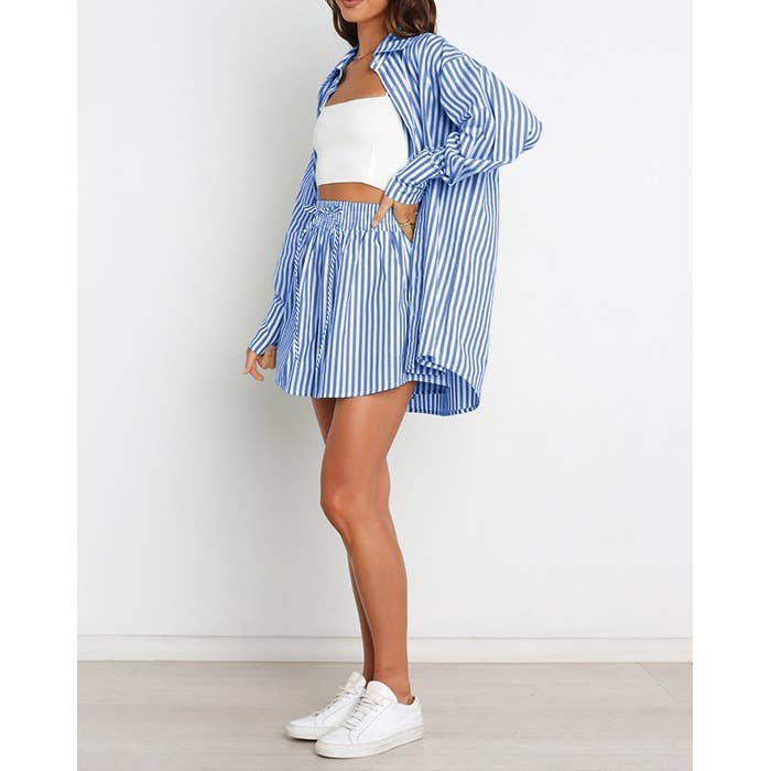 Mapcie - Wholesale Top & Pant Set (NOT Loungewear) - Women's - Striped Oversized Shirt and Drawstring Shorts Set2