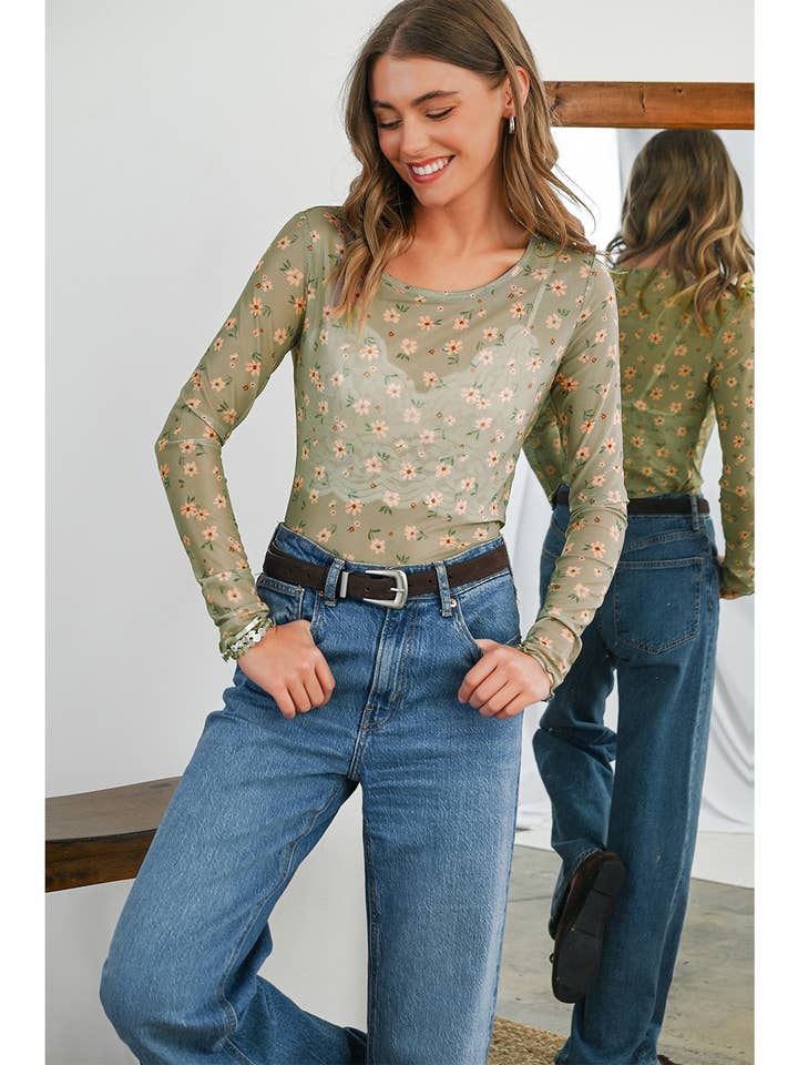 Aapparella - Wholesale Blouse - Women's - Vintage Floral Print Mesh Long Sleeve Top | S-XL8