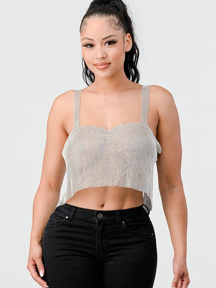 RHINESTONES CHAINMAIL OPEN BACK CHAIN TIE CROP TOP for wholesale by PRIVY