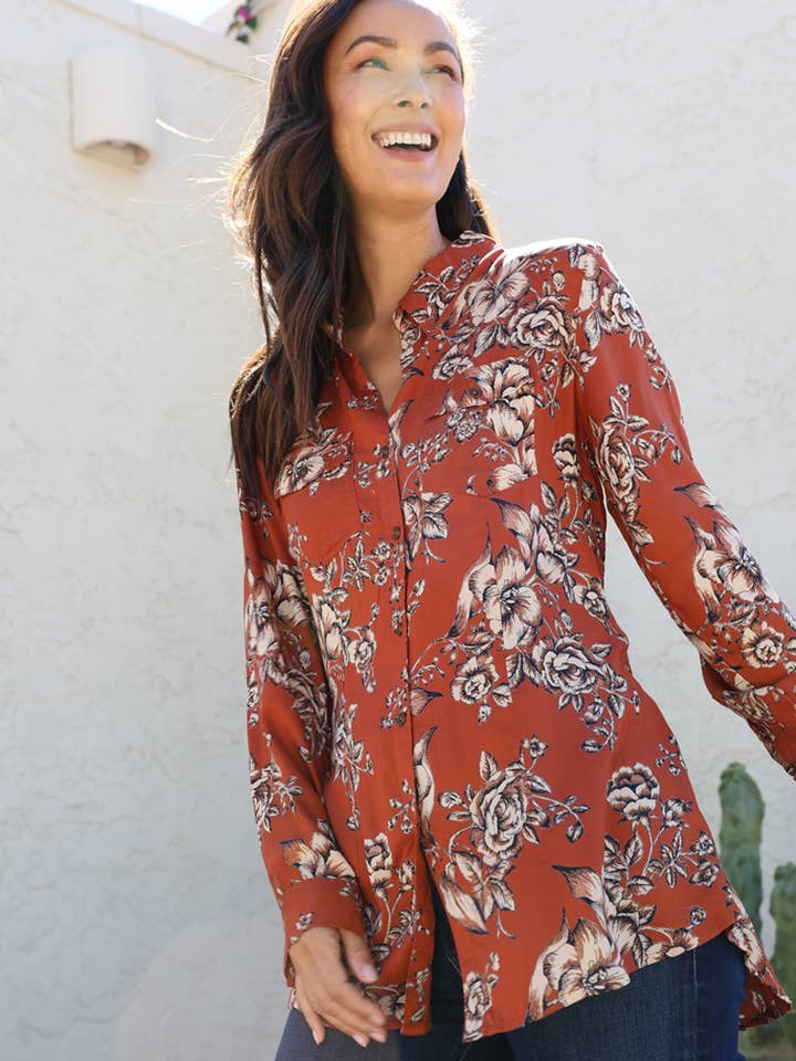 E2R17-FQ69 FLORAL LATTICE BACK BUTTON DOWN for wholesale by Nostalgia