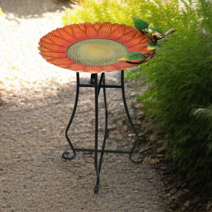 Orange Sunflower Colorful Painted Metal Bird Bath for wholesale by Continental Art Center