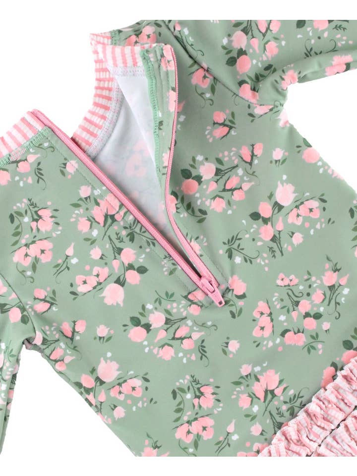 Vert Maillot de bain une pièce à manches longues avec roses de thé pour bébé fille et volants arrière signature en vente sur Faire4