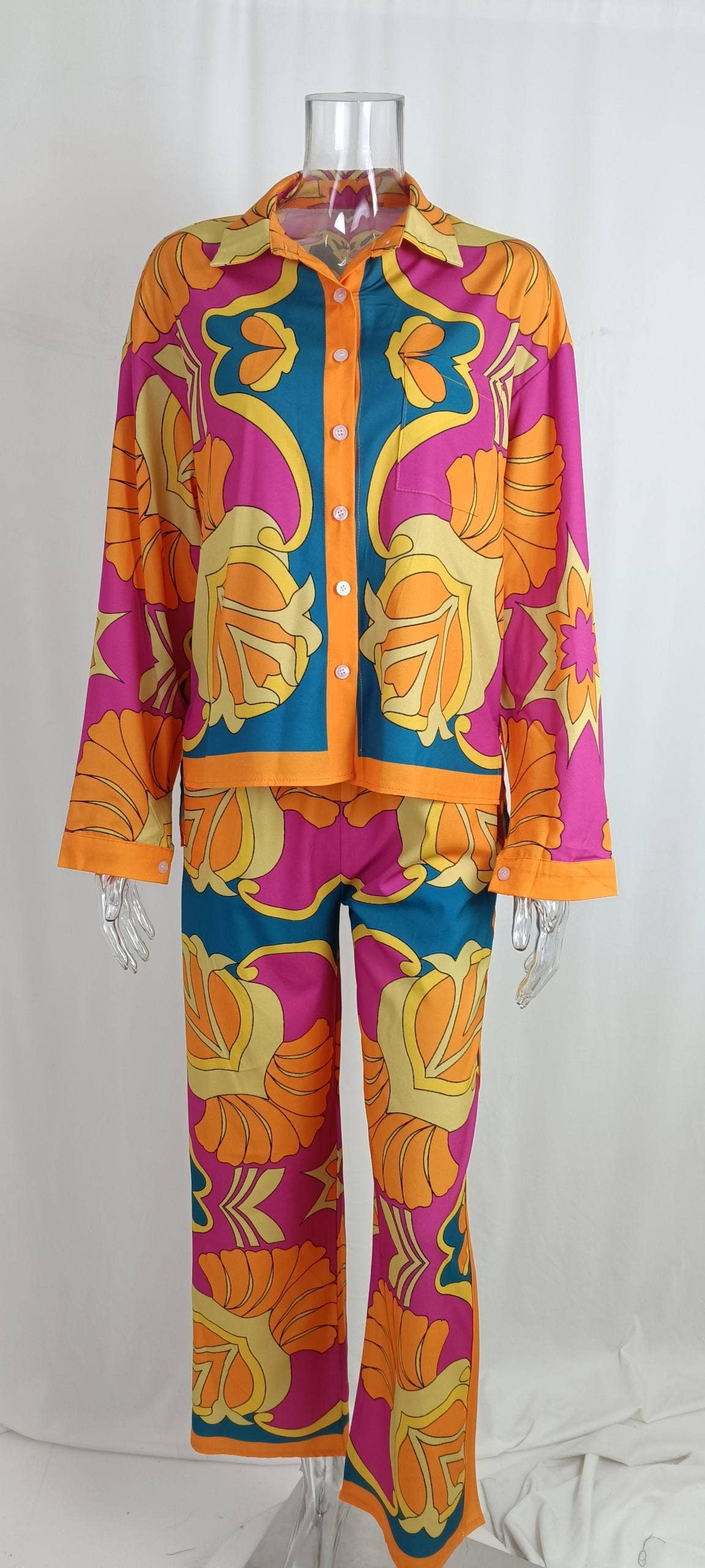 Rosa Clothing - Wholesale Lounge Set - Women's - Printed Long-Sleeved Shirt Straight-Leg Pants Lounge Set4