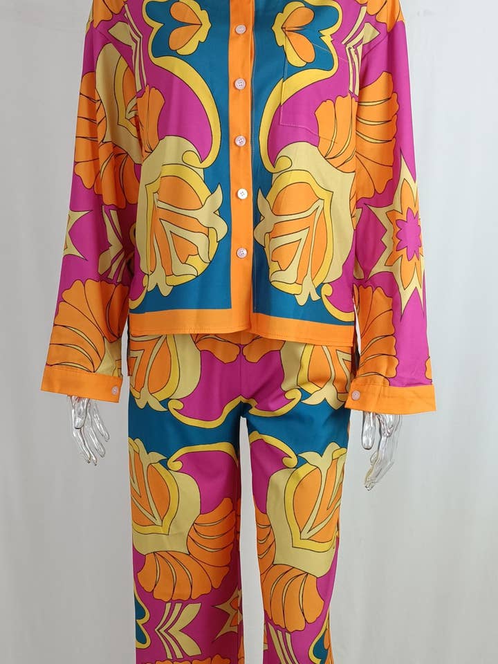 Rosa Clothing - Wholesale Lounge Set - Women's - Printed Long-Sleeved Shirt Straight-Leg Pants Lounge Set4