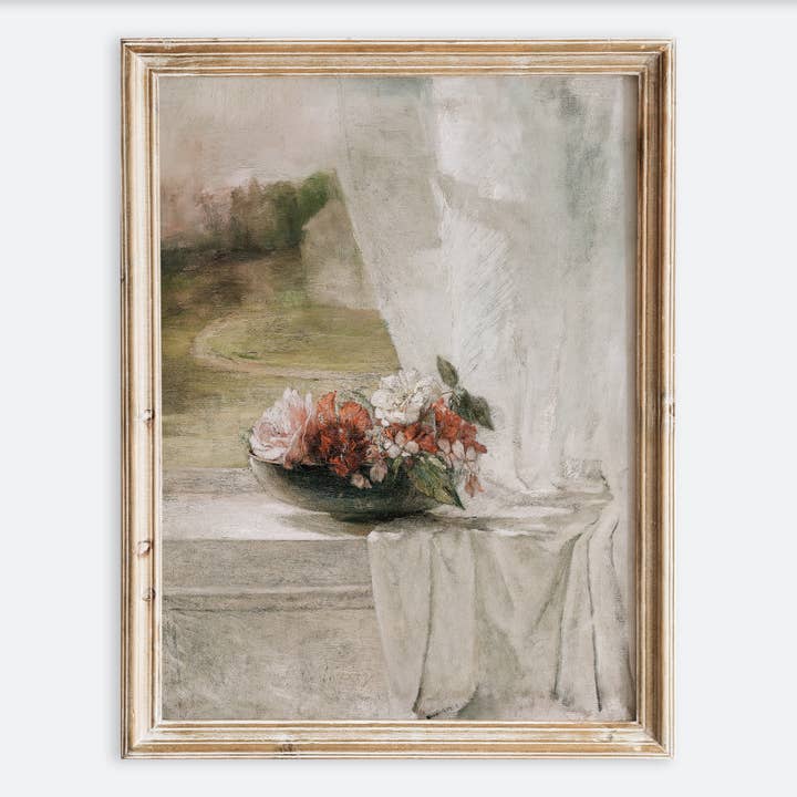 Sugar & Canvas - Wholesale Art Print - European Vintage Flowers in Vase on a Window Art Print VP133