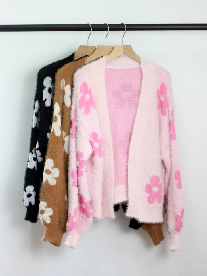 W2206JYYS4894-1 - Floral Fuzzy Open-Front Cardigan for wholesale by ESLEY