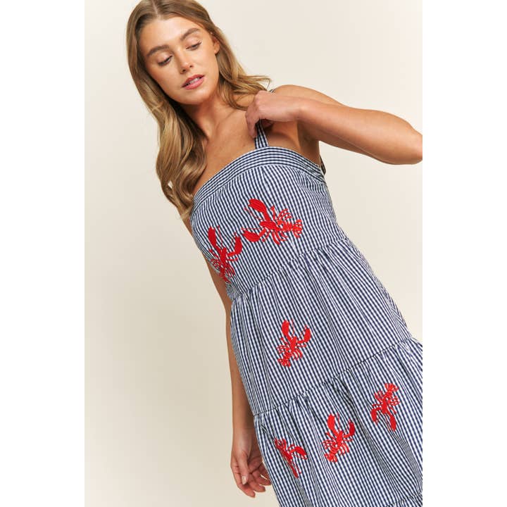 Bleu Multi ROBE MIDI À VOLANTS EN GINGHAM AVEC BRODERIE DE JOLI HOMARD en vente sur Faire9