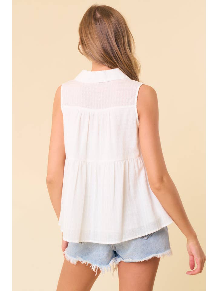 Doe and Rae - Wholesale Blouse - Women's - Textured Cotton Collared Split V-Neck Sleeveless - 44378T