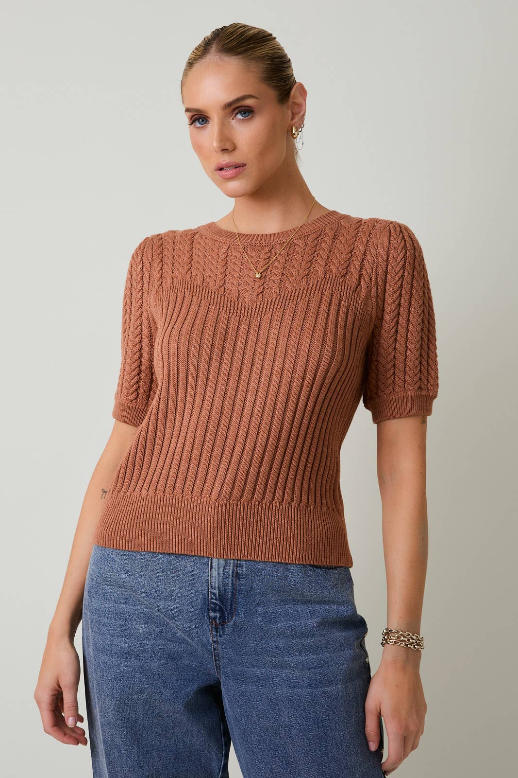 Sunday Edition by LE LIS - Wholesale Knit Sweater - Women's - ROUND NECK PUFF SHORT SLEEVE CABLE SWEATER34