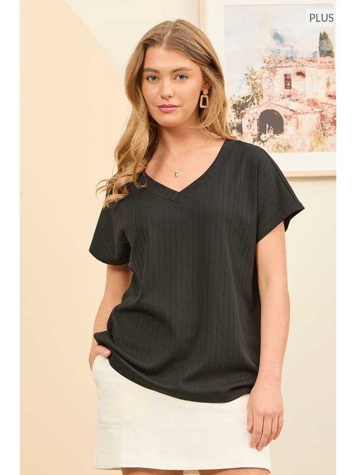 Andrée by Unit - Wholesale Knit Top - Women's - PLUS SIZE Casual Thick Ribbed V Neck Top