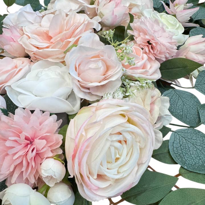 Sun Decorer – wholesale Konstgjorda blommor – Bröllopsbåge Blomstersväng Set – 2-delad konstgjord blomsterarrangemang med rosa & vita rosor, eukalyptus – Elegant evenemangsdekor