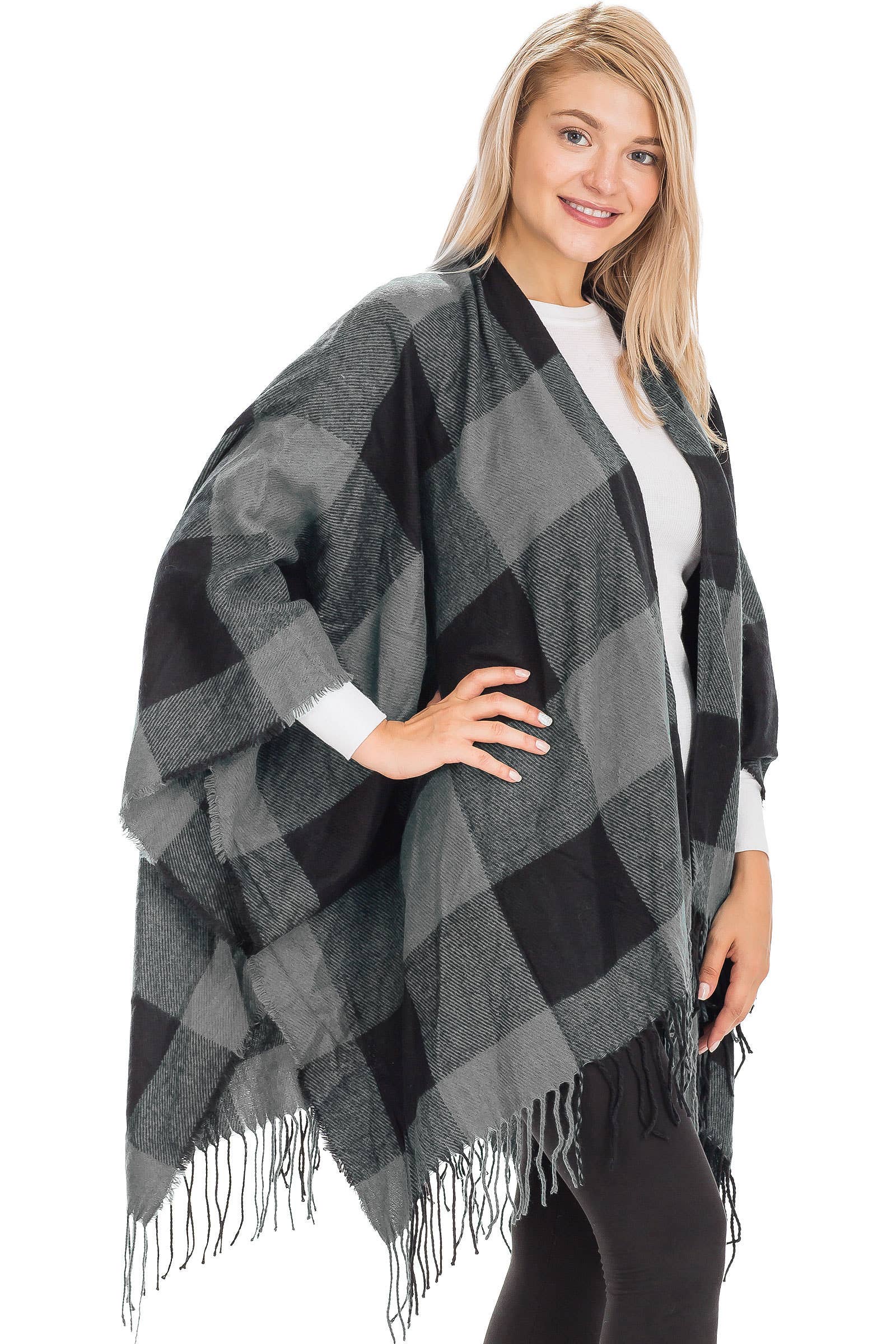 Cap Zone – wholesale Poncho – Women's – Classic Buffalo Check Plaid Ruana Poncho8