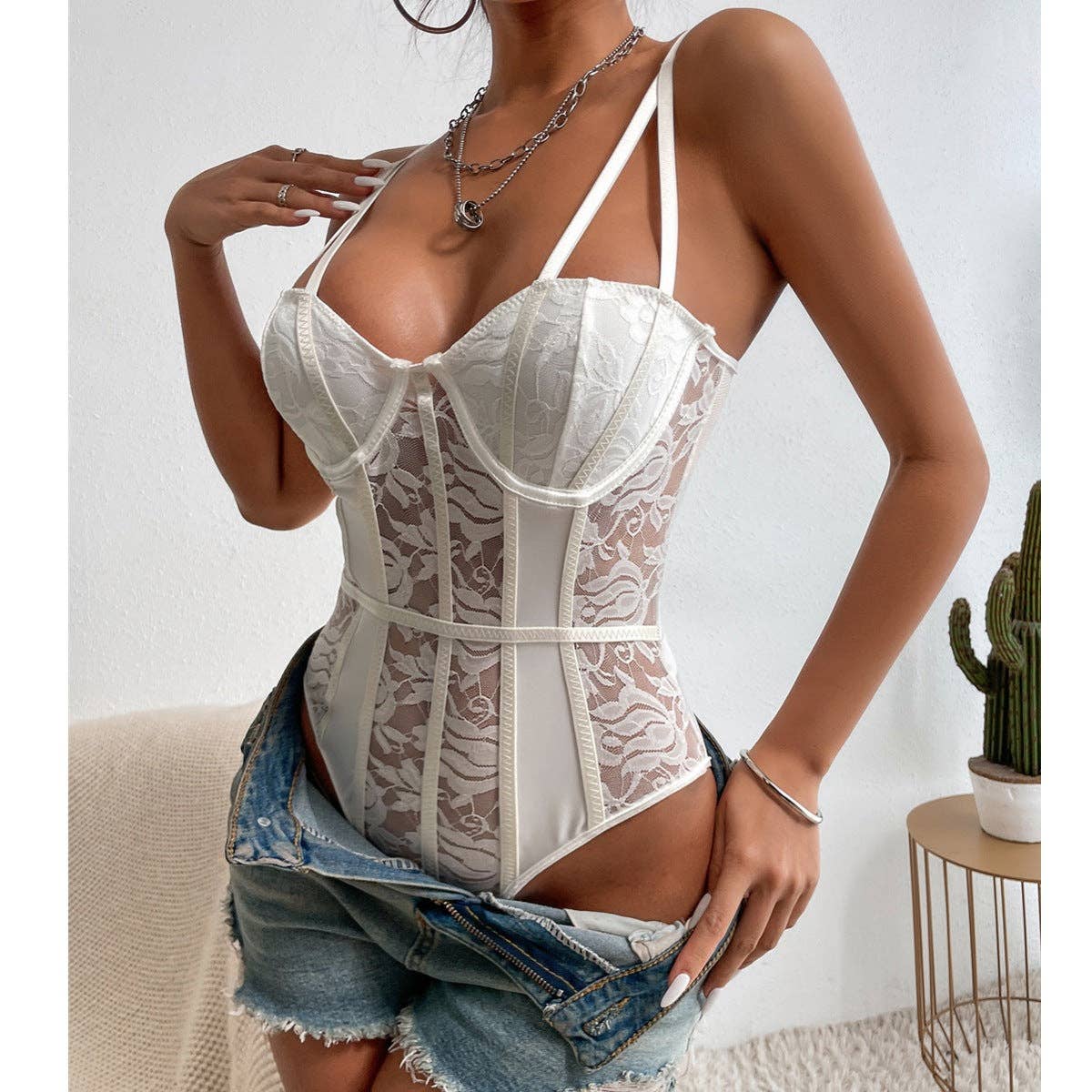 Sweetkama – Engroshandel Bodysuit undertøj - Dame – Bodysuit med blomsterblonder Gennemsigtig Teddy C800322