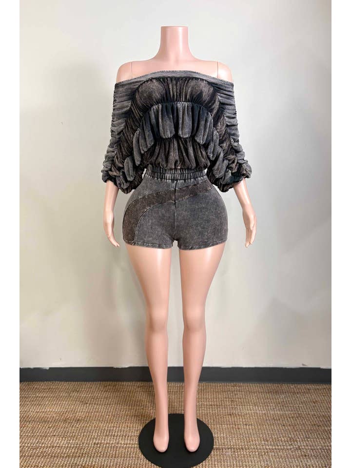 Dalia Studio - Wholesale Romper - Women's - MINERAL WASH RUCHED OFF SHOULDER ROMPER