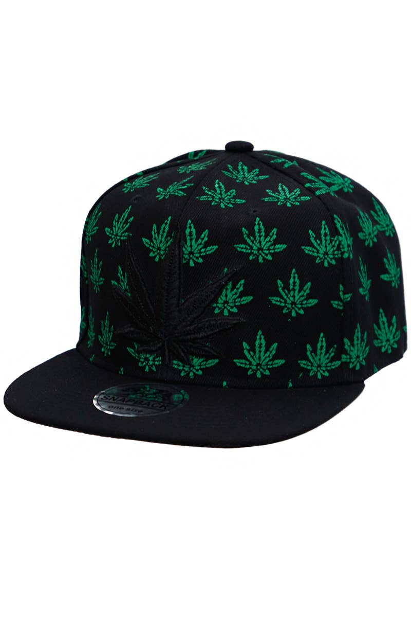 Cap Zone - Vendita all'ingrosso Cappellino con visiera piatta - Unisex - Snapback a sei pannelli in twill acrilico con stampa di foglie di marijuana3