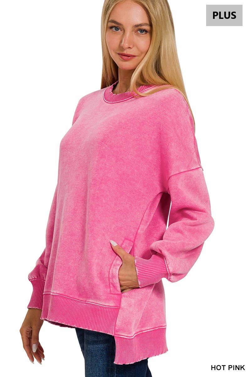 42POPS - Wholesale Sweatshirt - Women's - .Plus Acid Wash Fleece Hi Low Hem Pullover With Pockets18