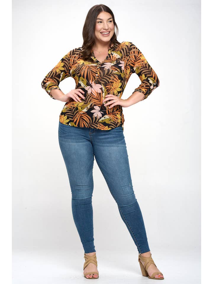 Roest/bruin Henley-blouse met netjesprint - grote maten voor groothandel op Faire3