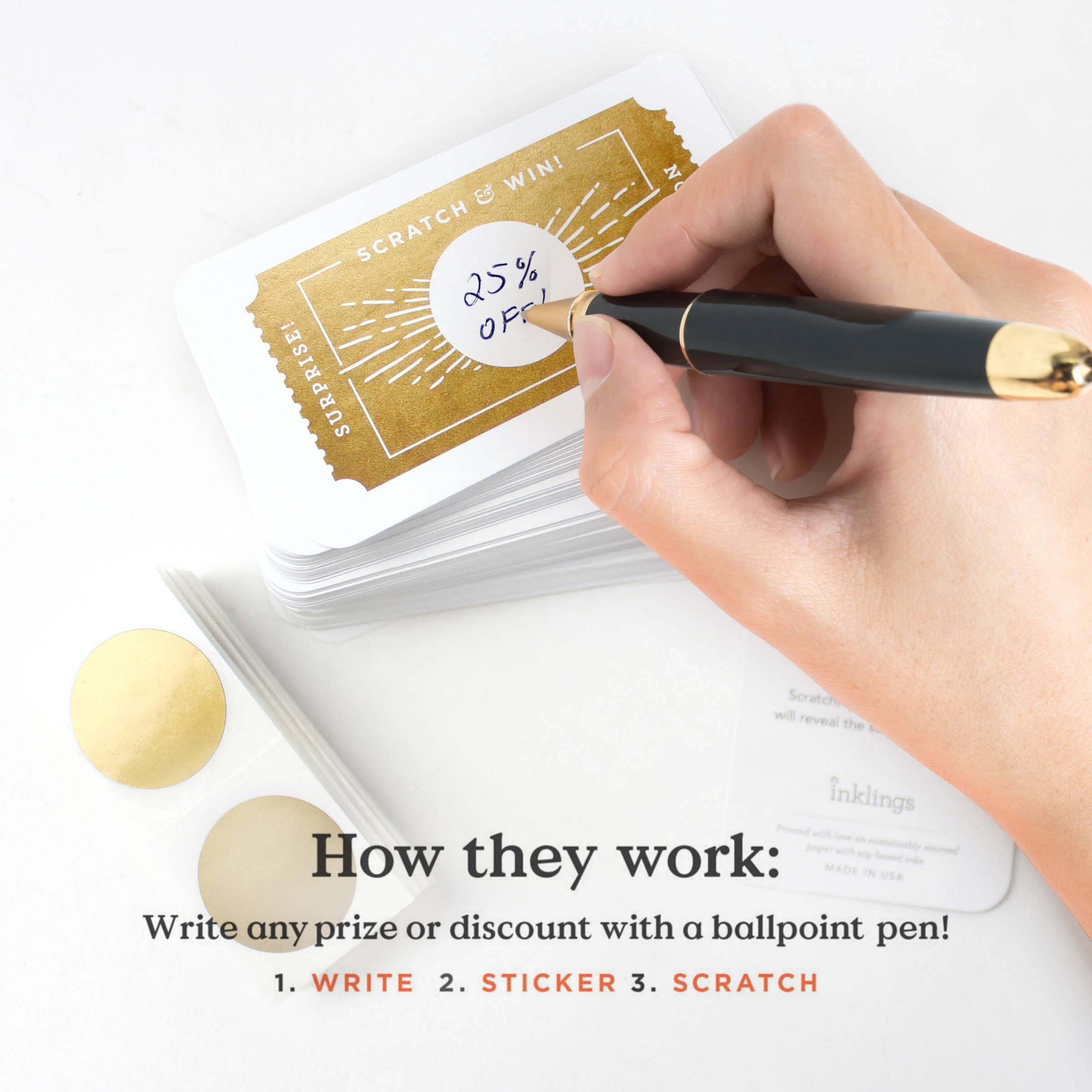 Inklings Paperie - Wholesale Stationery/Notecard Set - 100 Customer Scratch-off Cards - Golden Ticket1