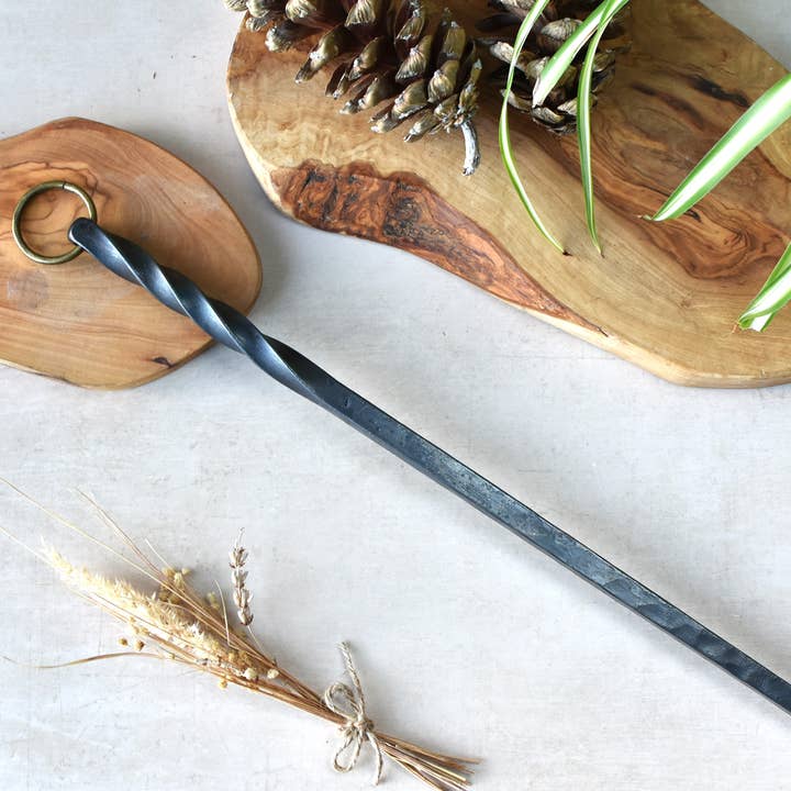 Coach House Forge – wholesale Fire pit – Handforged Iron 'Barley Twist' Poker with Bronze Hook Ring9