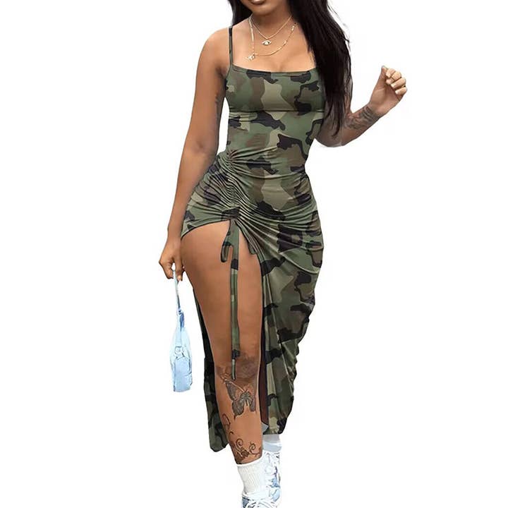 MB FASHION Camo Maxi Dress with Drawstring 2339LY for wholesale on Faire
