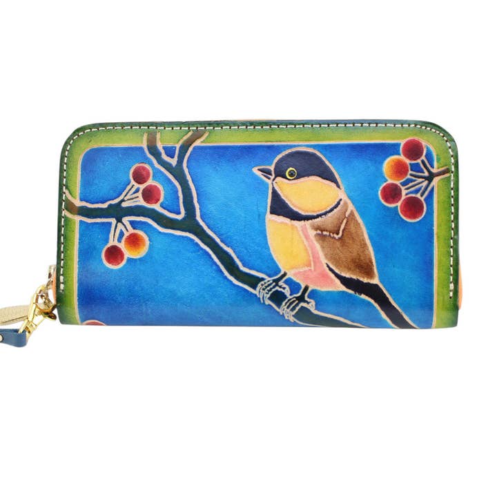 Portefeuille en cuir peint à la main — motif d'oiseau coloré inspiré de la nature pour la vente par Sunflower Handmade leather inc