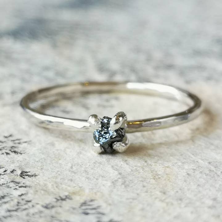 Tiny Black Rough Diamond and Hammered Silver Stacking Ring for wholesale by Gaia's Candy