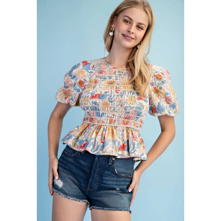 NOVA Blusa com Estampa Botânica Silenciada e Manga Curta Bufante por atacado de STYLE USA