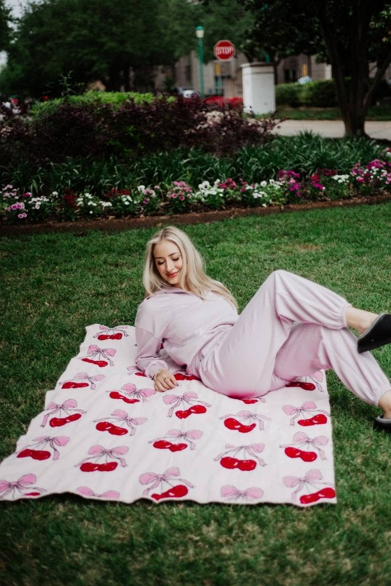 Light Pink Cherry Bows All Over Soft Wholesale Blanket for wholesale on Faire2