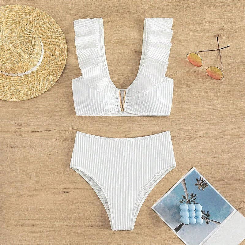 WHITE High Waist Solid Color Bikini With V Neck And Ruffle for wholesale on Faire4