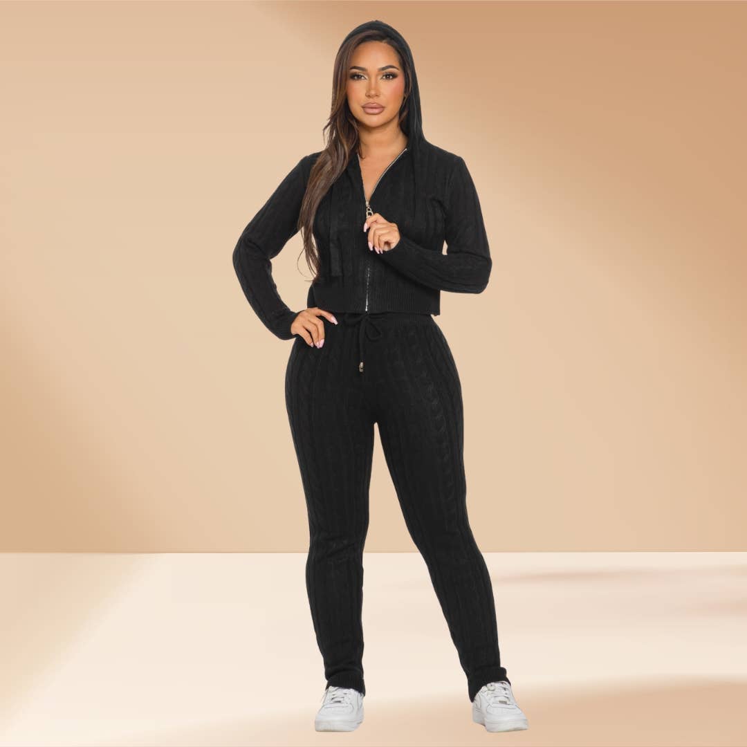 Celystrends - Wholesale Lounge Set - Women's - Cable Knit Pants Set Hooded Sweater17
