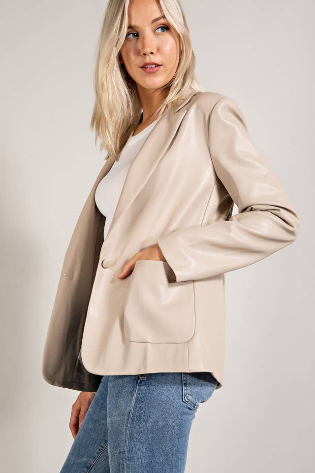 BLK Cj2151 Faux Leather Blazer W/ Padded Shoulder for wholesale on Faire