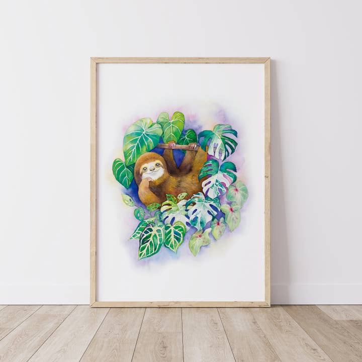 Watercolour By Cat - Vente Affiche d'art - Paresseux dans la forêt tropicale//Impression d'art aquarelle//Art mural1