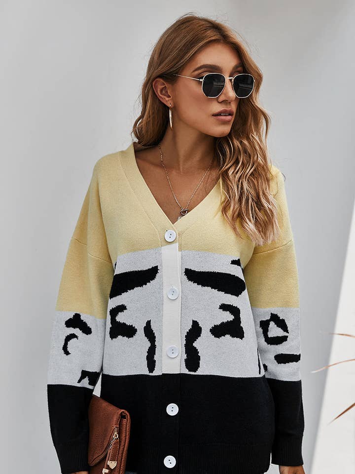 Supreme Fashion - Vente Pull tunique – femme - Cardigan en maille à col en V et blocs de couleur avec boutons2