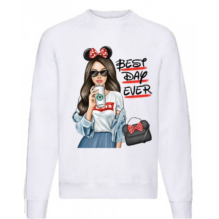 White fleece sweatshirt printed with BEST DAY EVER for wholesale by red white