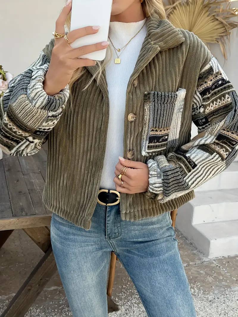 Olive Western Aztec patchwork fleece button-up jacket for wholesale on Faire3